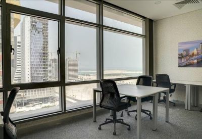 Private office featuring white desks, black ergonomic chairs, and expansive city views.