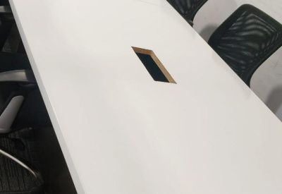 Close-up view of a professional white conference table in a meeting room setting.