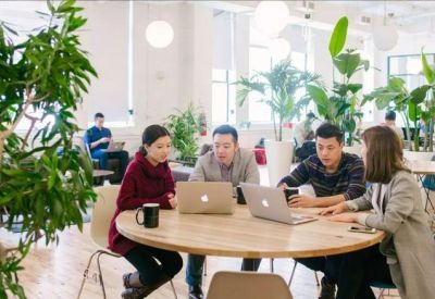 Open-plan coworking space with large leafy plants, round wooden tables, and natural lighting.