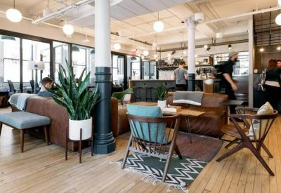 Coworking lounge with leather sofas, indoor plants, and large windows.