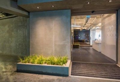 Office building entrance featuring concrete walls and a small planter with greenery.
