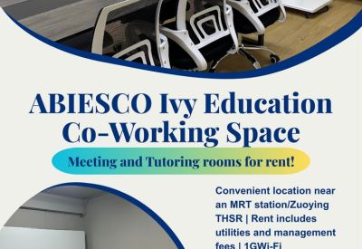 Promotional poster for ABIESCO Ivy Education Co-Working Space featuring two different meeting room setups.