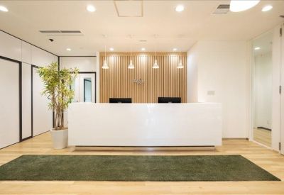 Bright reception area featuring a clean white front desk and wooden wall accents.