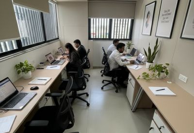 Open-plan office at 6th & 7th Floor, Opposite Kachipura Garden Ramdaspeth with people working at desks and indoor plants.