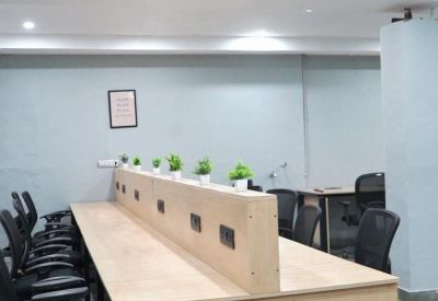 Long wooden shared workstation with black ergonomic chairs and small desk plants.