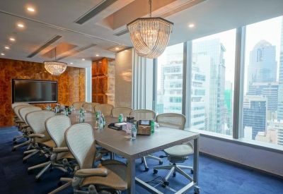 Professional boardroom with white ergonomic chairs, a large table, and floor-to-ceiling windows.