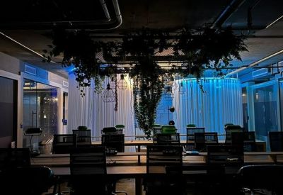 Open-plan office space at night with blue ambient lighting and hanging greenery above desks.