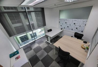 Private four-person office suite with checkered carpet and a large window.