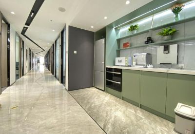Modern office pantry and hallway with sage green cabinetry, built-in appliances, and polished stone flooring.