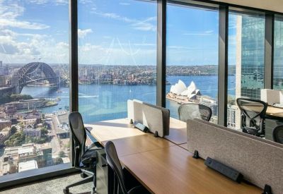 Open-plan workspace with multiple desks and floor-to-ceiling windows overlooking Sydney Harbour.
