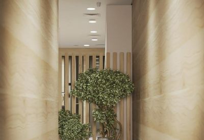 Wood-paneled corridor at Saya Tower, Bahrain Financial Harbour with large potted plants and warm downlighting.