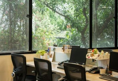 Bright office workstations positioned in front of large windows overlooking lush greenery.