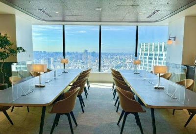 Two long coworking tables with individual lamps and privacy dividers facing a skyline view.