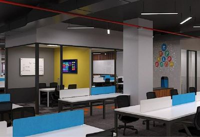 Sleek conference room with a large screen, whiteboard, and yellow accent wall visible through glass.