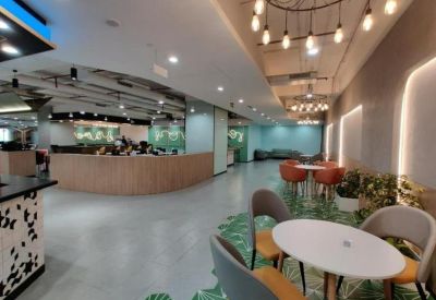 Reception area with a light wood front desk and tropical leaf patterned flooring.