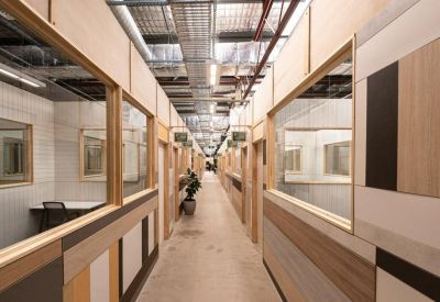 Bright hallway lined with individual timber-framed office suites and glass partitions.