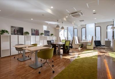 Vibrant communal lounge with green chairs, wooden floors, and potted plants.