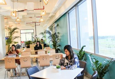 Bright coworking area with cafe-style seating and large windows overlooking green space.