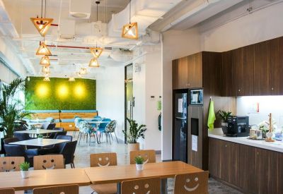 Modern office breakroom and kitchen area with dark wood cabinetry and a green feature wall.