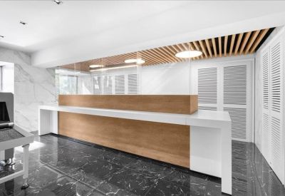 Sleek marble reception area with a minimalist wooden front desk.