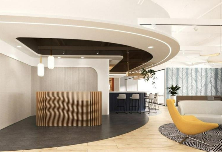 Modern reception area with a curved wood-slat desk at 79 Anson Road, Singapore.