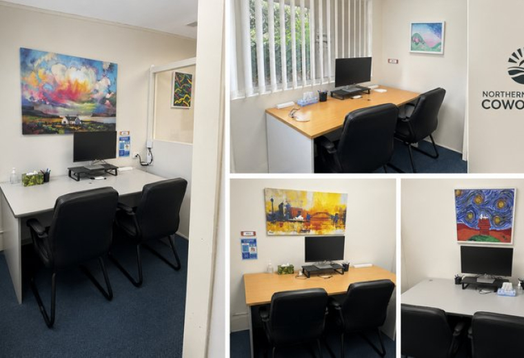 Collage of four private office suites at 25, Ralston Avenue featuring desks, monitors, and colourful wall art.