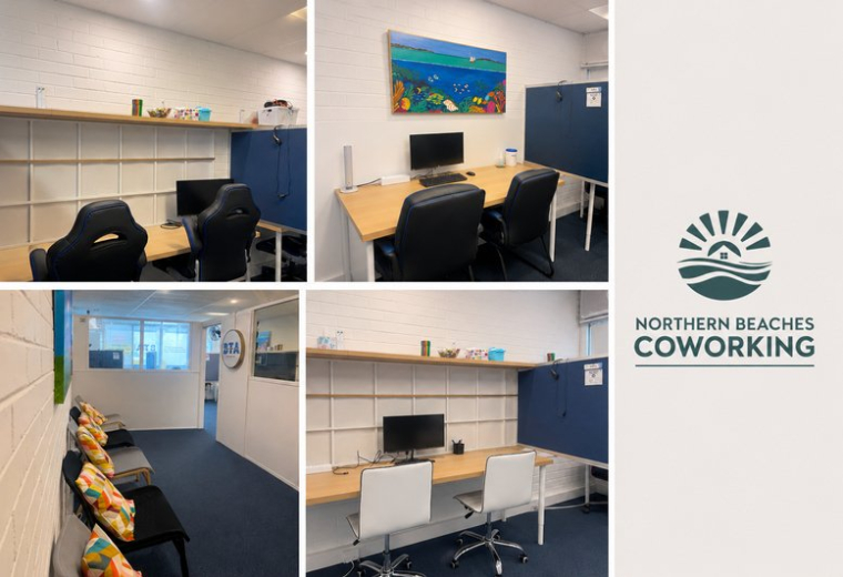 Collage of coworking spaces at 25, Wade Lane featuring workstations, colourful seating, and local branding.