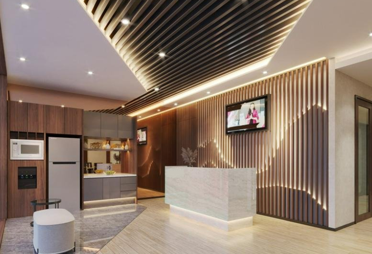 Bright reception area of Gold Coast Office Eiffel Tower featuring a sleek white desk and wooden slat walls.