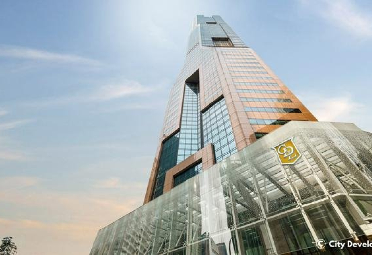 Exterior view of the soaring glass and stone facade of Republic Plaza.