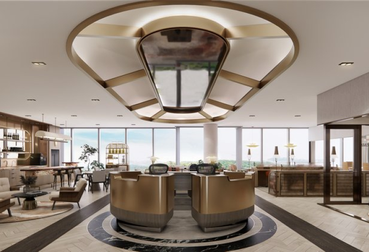 Reception area at 1 Pasir Panjang Road featuring a grand gold-accented desk and a designer oval ceiling light.