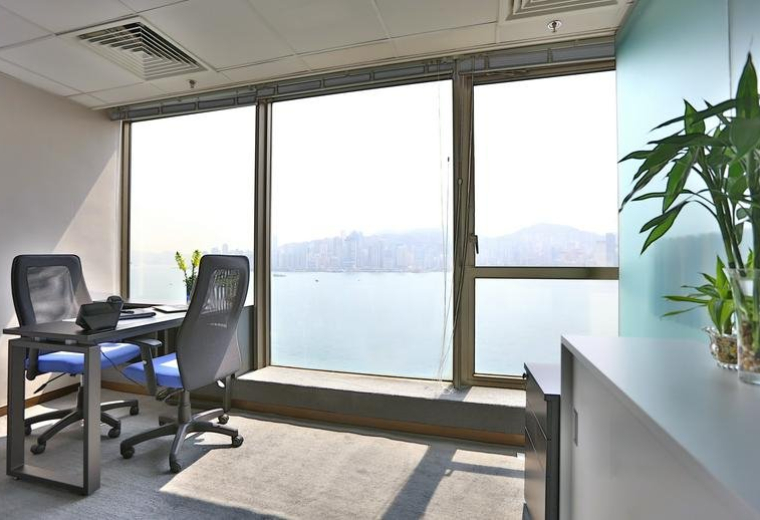 A two-person office suite at Wing On Plaza featuring harbor views and a potted plant.