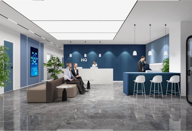 Spacious reception area for 401 128 Memorial Road, Level 3, Shanghai, with a blue feature wall and seating.