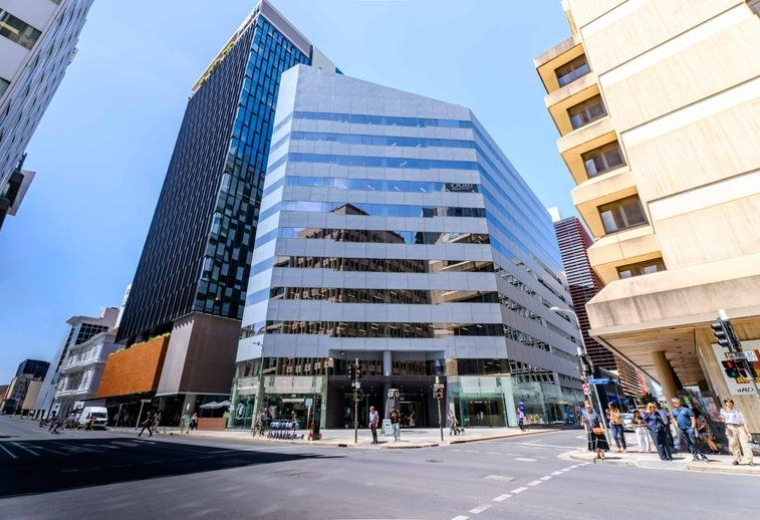 Exterior view of the multi-story commercial building at 63 Pirie Street in Adelaide.