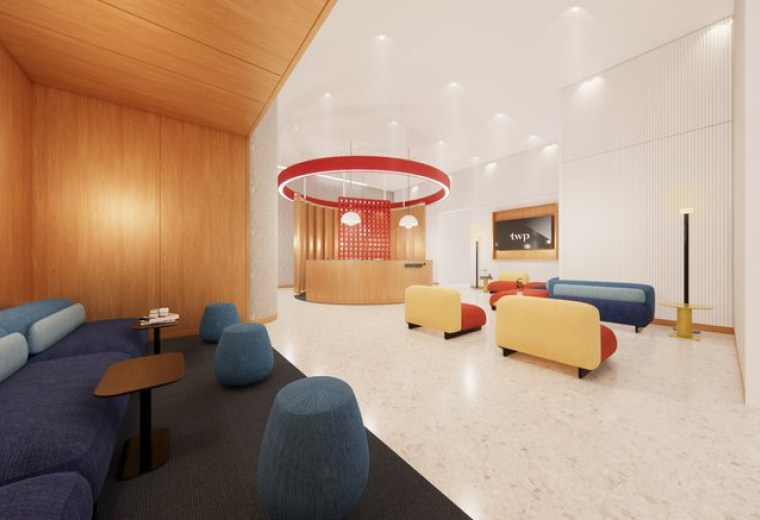 Spacious reception area at 7 Science Park Drive, No. 1, 5, Singapore with colorful furniture and a circular light.