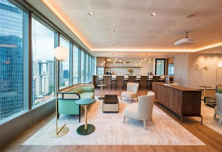 Spacious sunlit lounge at Capital Tower, 168 Robinson Road, Tanjong Pagar, Singapore with city skyline views.