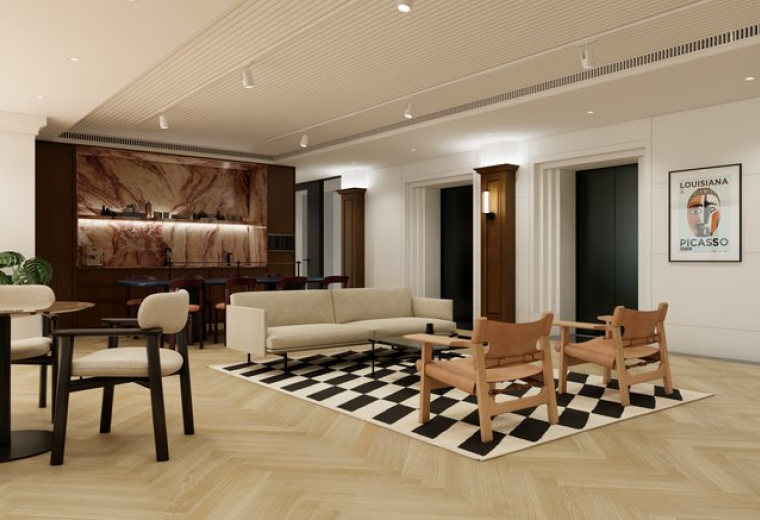 Spacious communal lounge at 10/F, 9, Queen's Road Central, Hong Kong with stylish seating and marble feature wall.