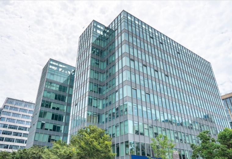 Exterior view of the glass-facade Shanghai Champion Centre building.