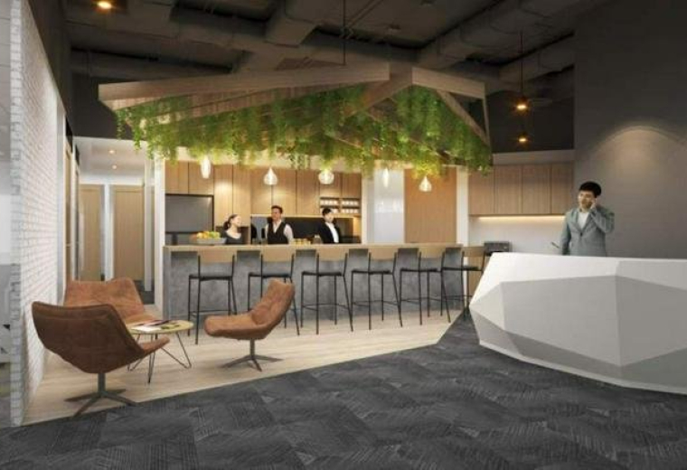 Modern reception desk and lounge at 20, Cecil Street, Level 22 PLUS Building with hanging greenery.