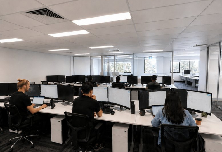Spacious open-plan office at 222, Main Street, Osborne Park with rows of white desks and modern task chairs.