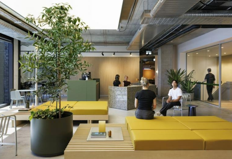 Spacious communal lounge and reception area at 33, Cremorne Street with yellow seating and indoor trees.