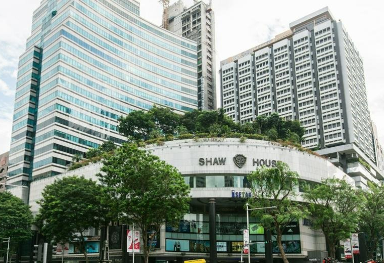 Exterior view of the glass-facade Shaw House building in Orchard Road.