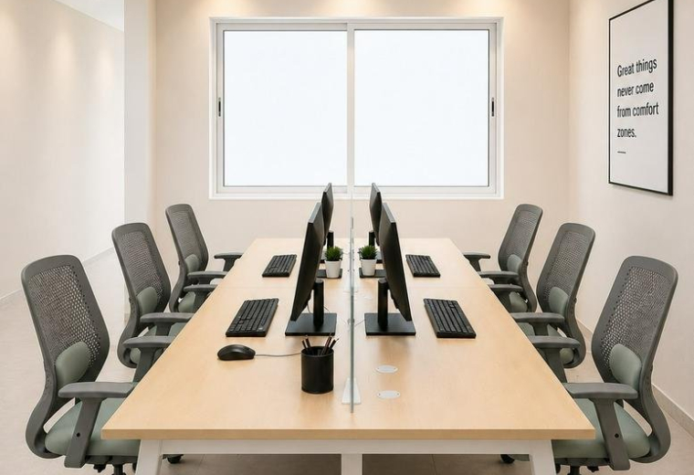 Meeting room at Metro Startup Studios with a long wood-tone table, ergonomic chairs, and dual-monitor setups.