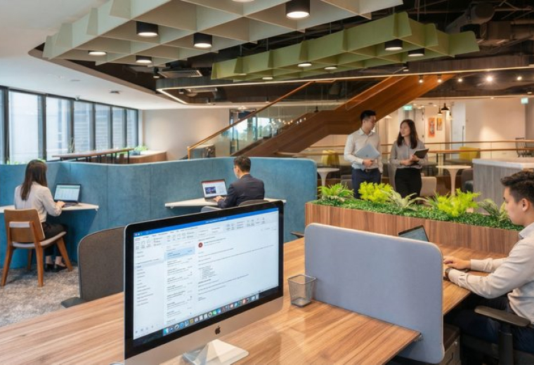 Spacious open-plan workspace at 9, Raffles Place Level 6, Republic Plaza with pods and greenery.
