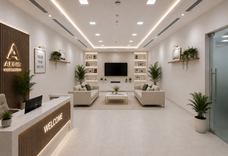 Spacious reception area at Addax Tower with a welcome desk, comfortable seating, and warm accent lighting.