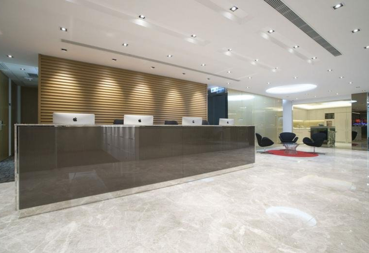 Sleek modern reception area at AIA Tower, Level 43, 183 Electric Road, Fortress Hill, Hong Kong.