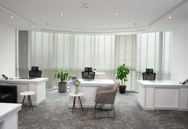 Bright, spacious open-plan office with white desks, ergonomic chairs, and indoor plants.