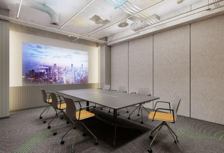Modern conference room at Chinachem Tower, Levels 5-7, with a large projection screen and yellow-accented chairs.