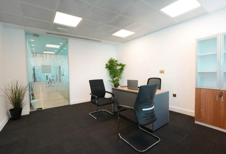 Two-person office with black chairs and greenery.