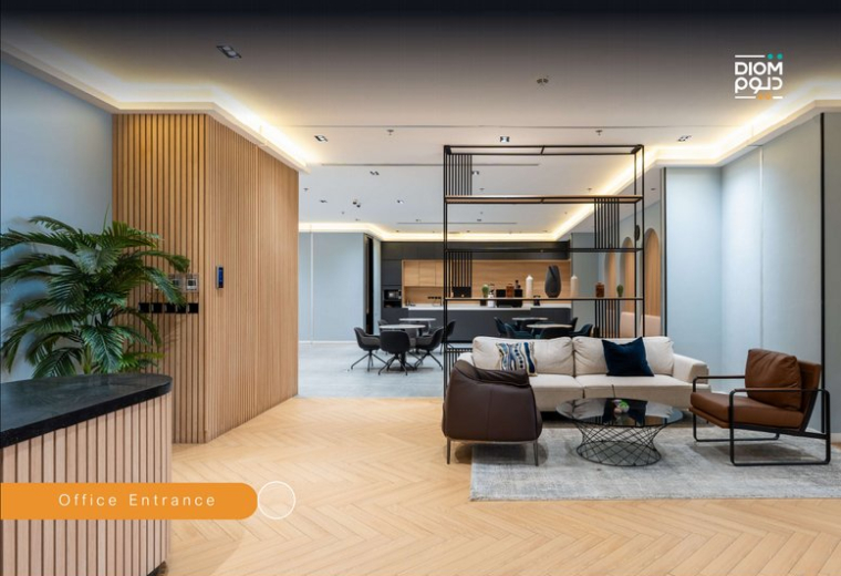 Wood-paneled office entrance for DIOM HQ Century Corner with a reception desk and potted plant.
