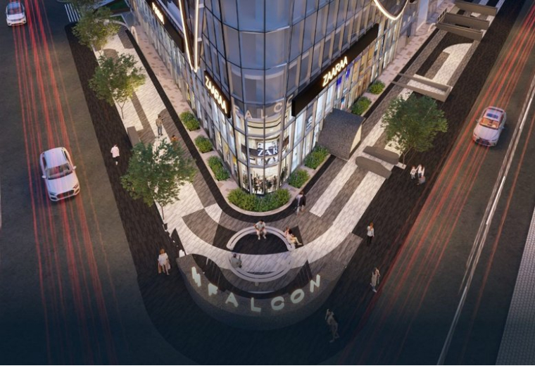 Aerial rendering of the modern curved glass facade at Redbrick Offices, M-Ramanujan, Baner.